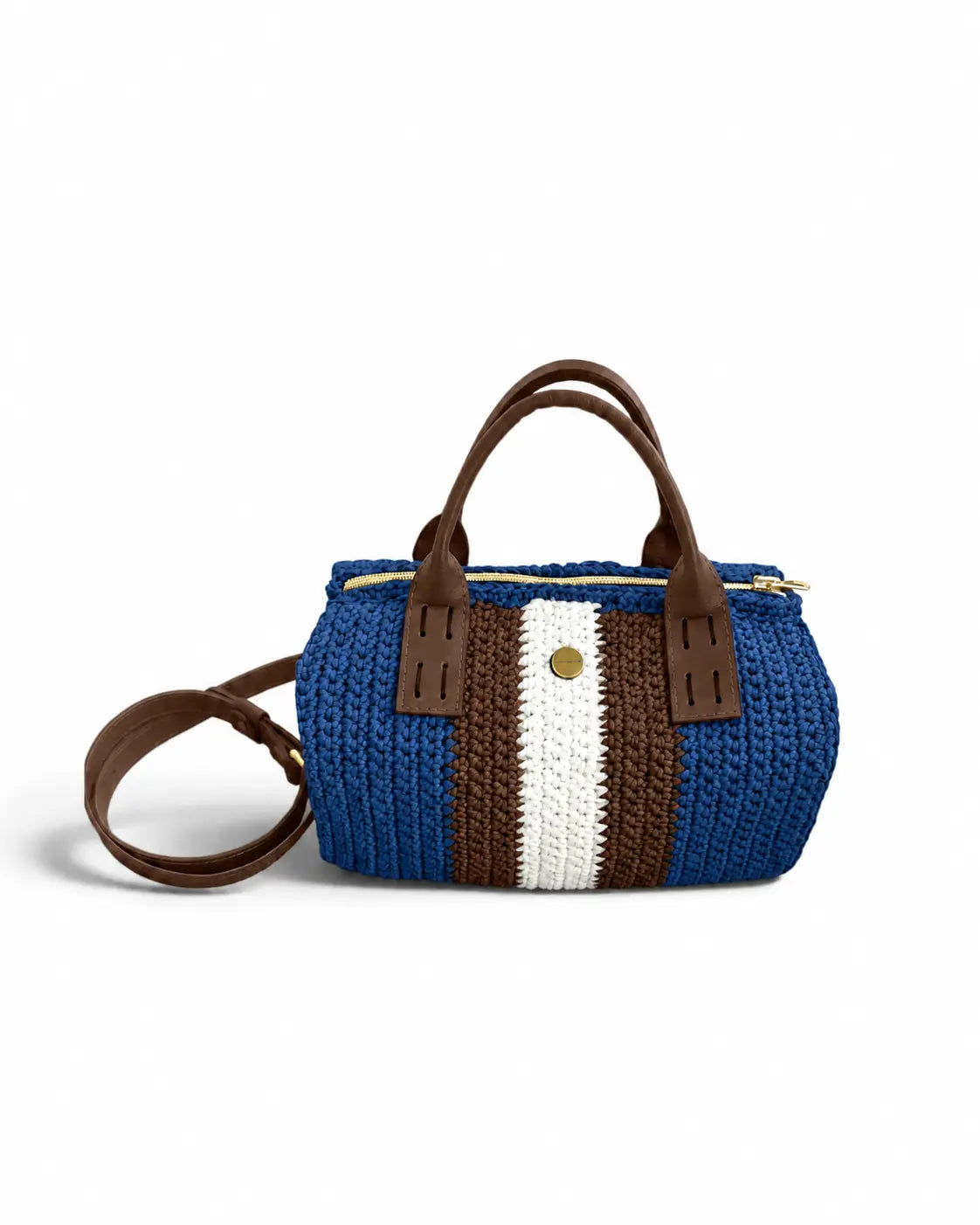 Bolso Bowling Urbana Azul Denim tejido a mano con franjas azul, marrón y blanco, vista frontal