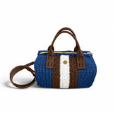 Bolso Bowling Urbana Azul Denim tejido a mano con franjas azul, marrón y blanco, vista frontal