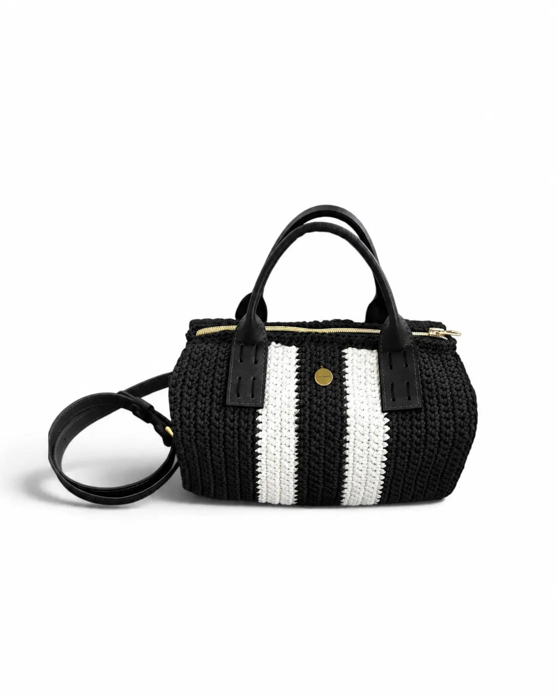 Bolso Bowling Urbana Negro y Blanco tejido a mano, vista frontal