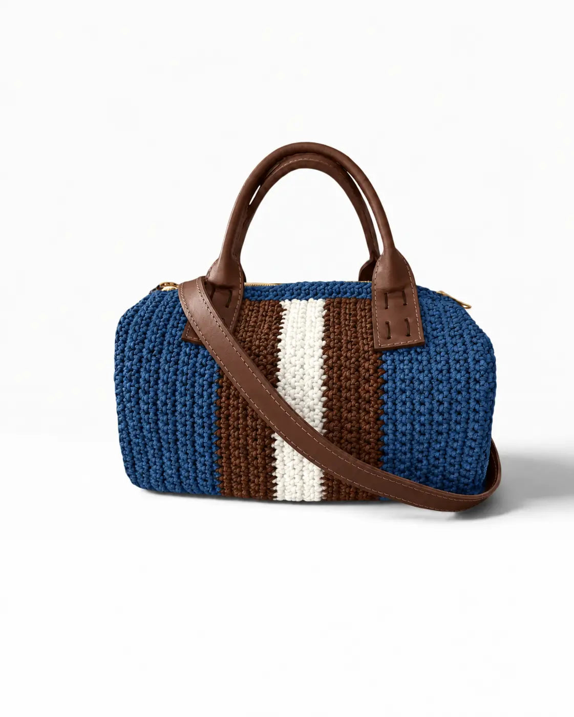 Vista trasera del bolso Bowling Urbana Azul Denim con bandolera de ecocuero marrón