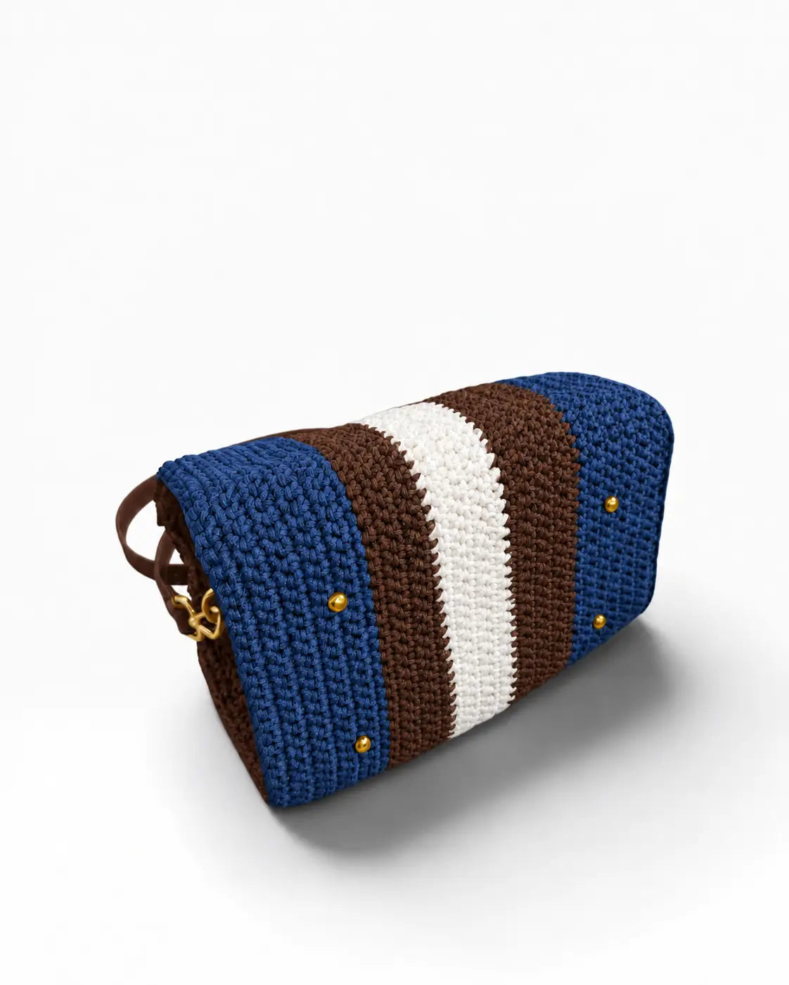 Base del bolso Bowling Urbana Azul Denim con franjas tejidas y protectores dorados