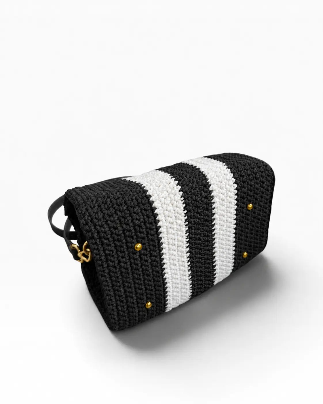 Base del bolso Bowling Urbana Negro y Blanco con franjas tejidas y protectores dorados