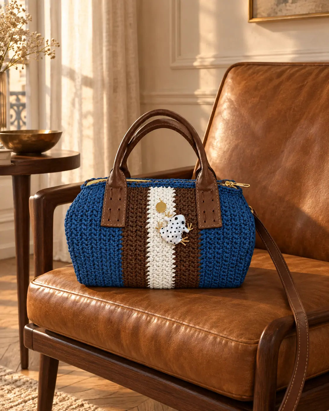 Bolso Bowling Urbana Azul Denim tejido a mano sobre un sillón de cuero en un apartamento de inspiración parisina