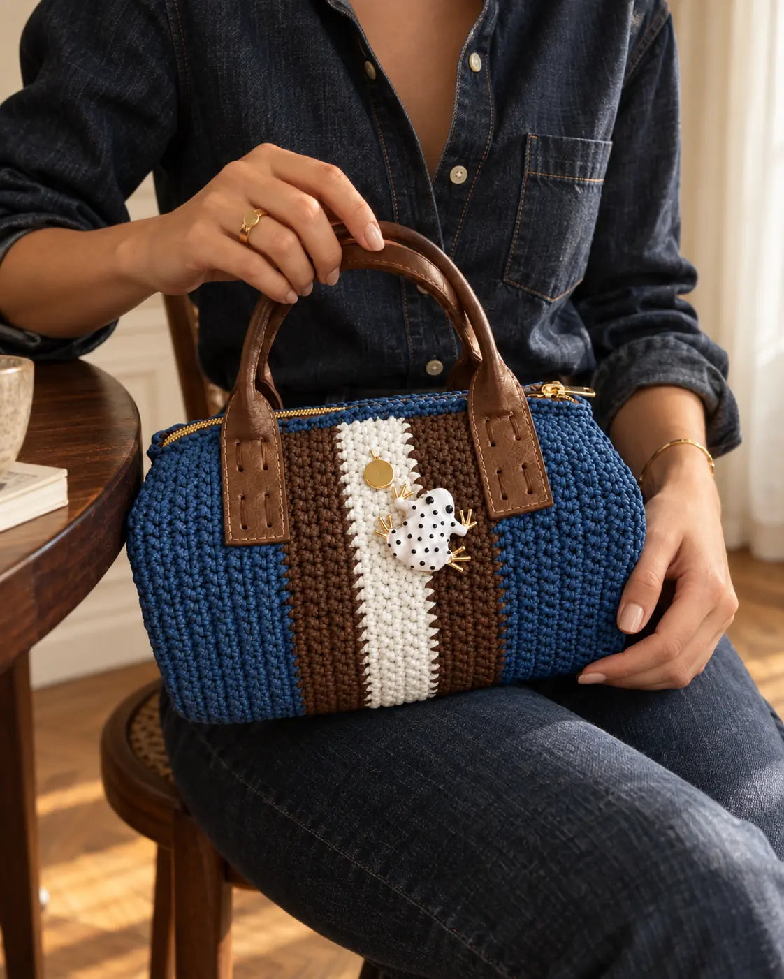 Detalle del bolso Bowling Urbana Azul Denim tejido a mano con asas de ecocuero marrón y ranita esmaltada