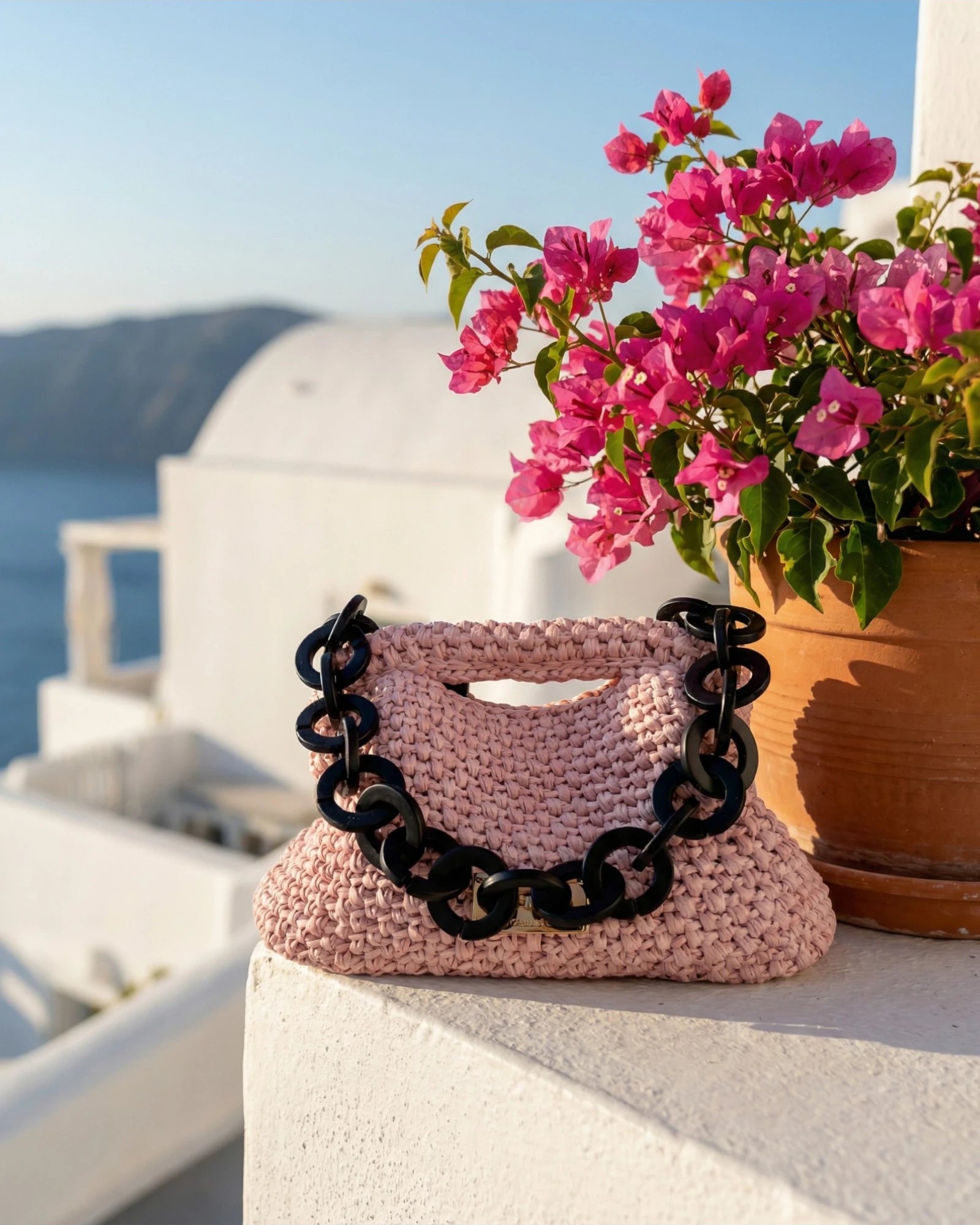 clutch rosa pálido en el alféizar con flores