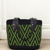 Green and Black Crochet Mosaic Tote Bag with Genuine Leather Handles