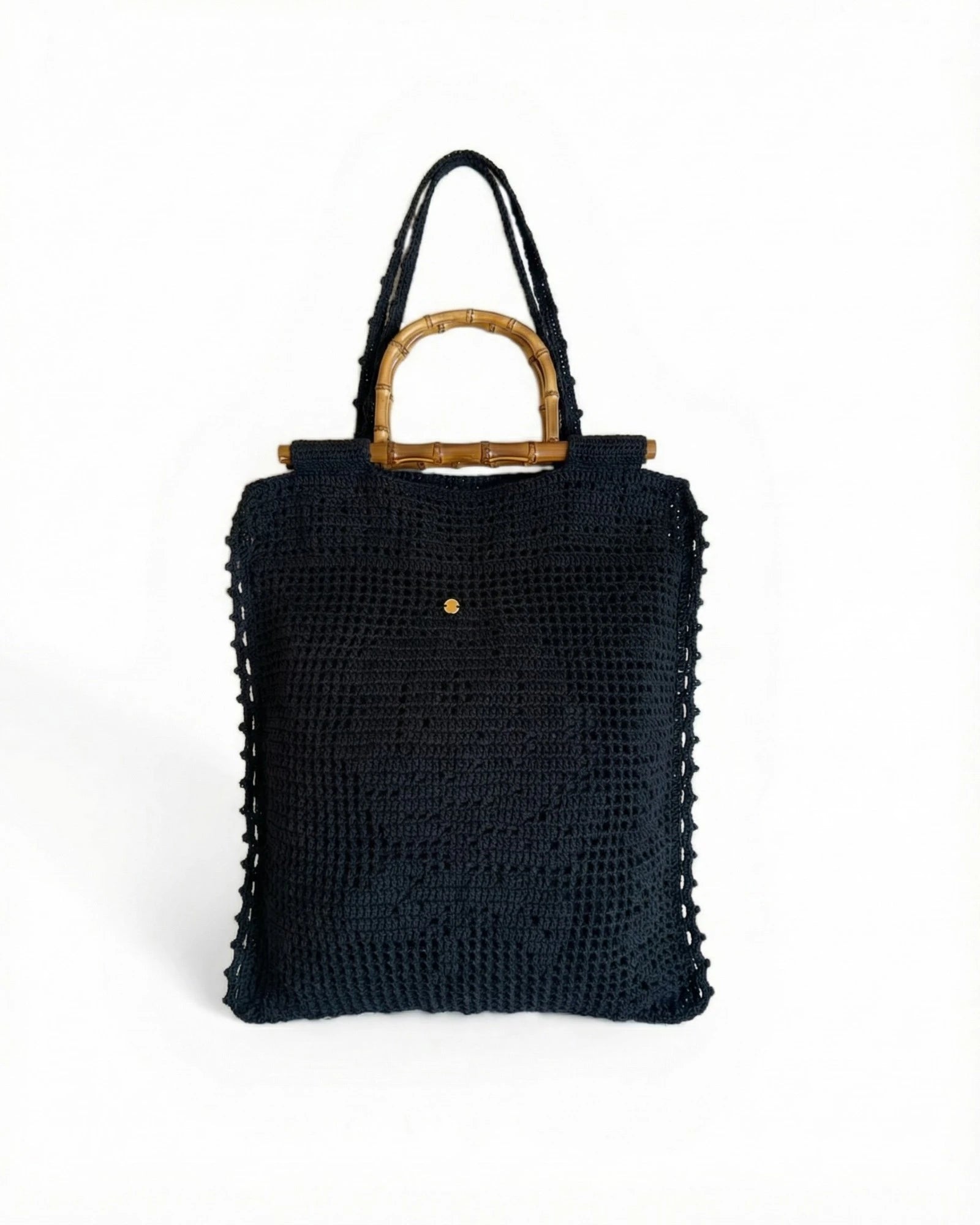 Bolso Tote Lace negro crochet artesanal con asas de bambú