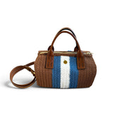 Bolso Bowling Urbana marrón con franjas azul y crudo, asas y bandolera de ecocuero