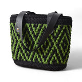 Green and Black Crochet Mosaic Tote Bag with Genuine Leather Handles