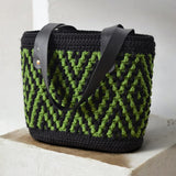 Green and Black Crochet Mosaic Tote Bag with Genuine Leather Handles