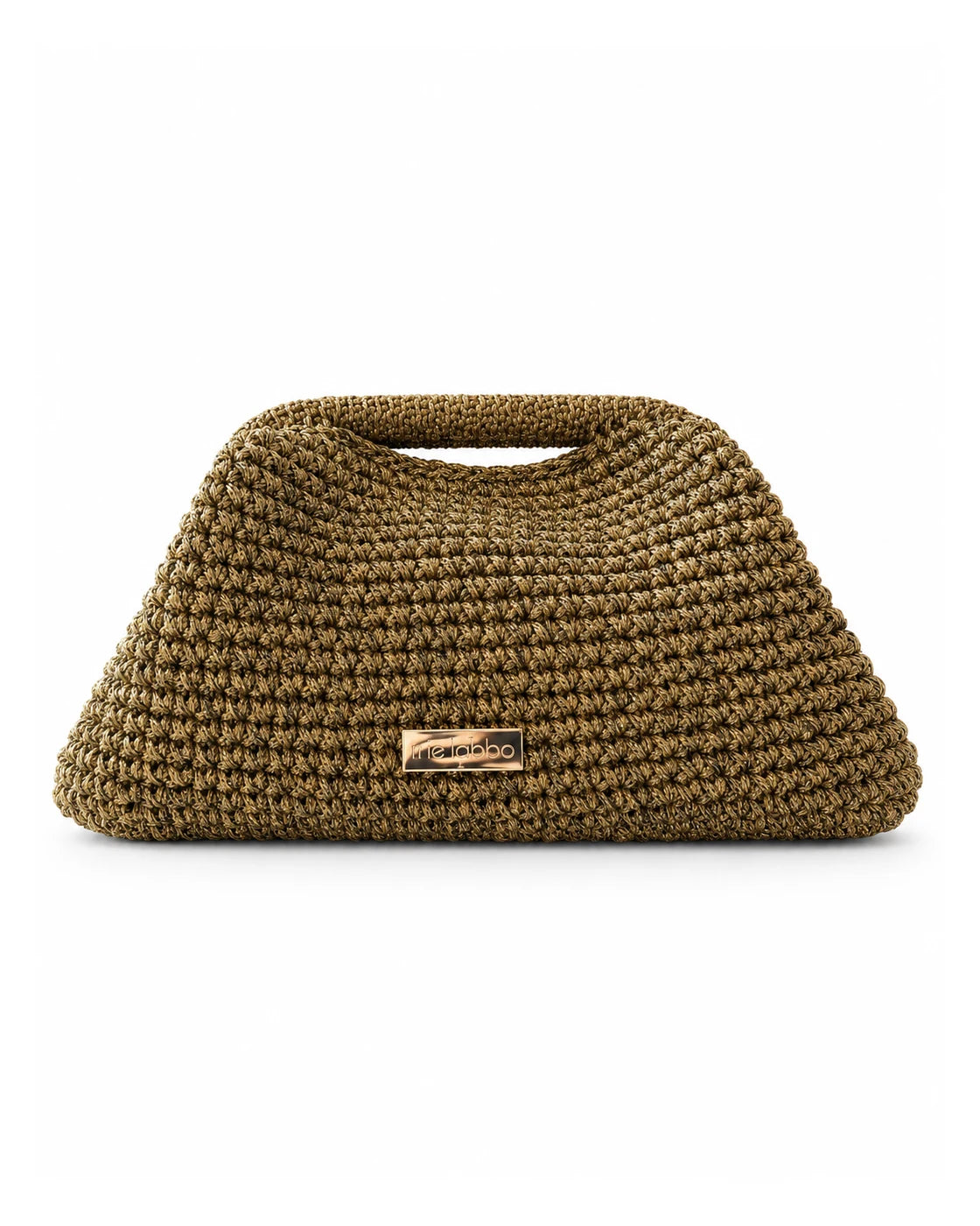 Clutch dorado envejecido de crochet The Labbo, vista frontal con asa integrada y placa de la marca.