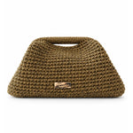 Clutch dorado envejecido de crochet The Labbo, vista frontal con asa integrada y placa de la marca.