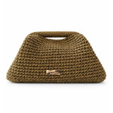 Clutch dorado envejecido de crochet The Labbo, vista frontal con asa integrada y placa de la marca.