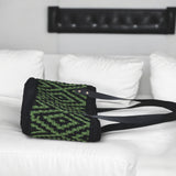 Green and Black Crochet Mosaic Tote Bag with Genuine Leather Handles